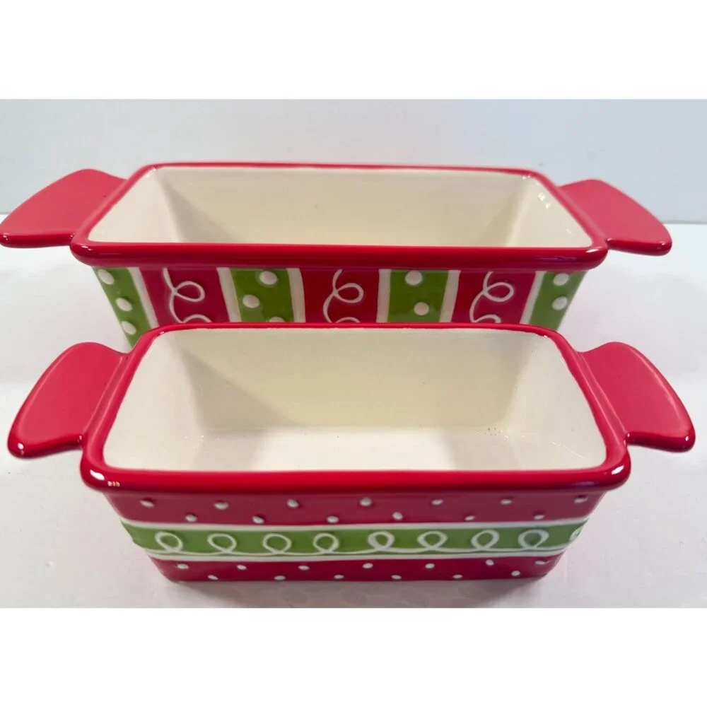 Baking Loaf Pans Stoneware Burton + Burton Christmas Red Green Polka Dots NEW